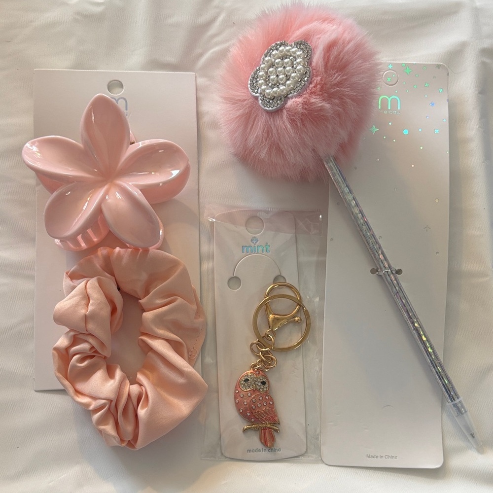 Mint Pink Floral Hair Clip and Accessory Set (includes keychain/bag charm, pen)